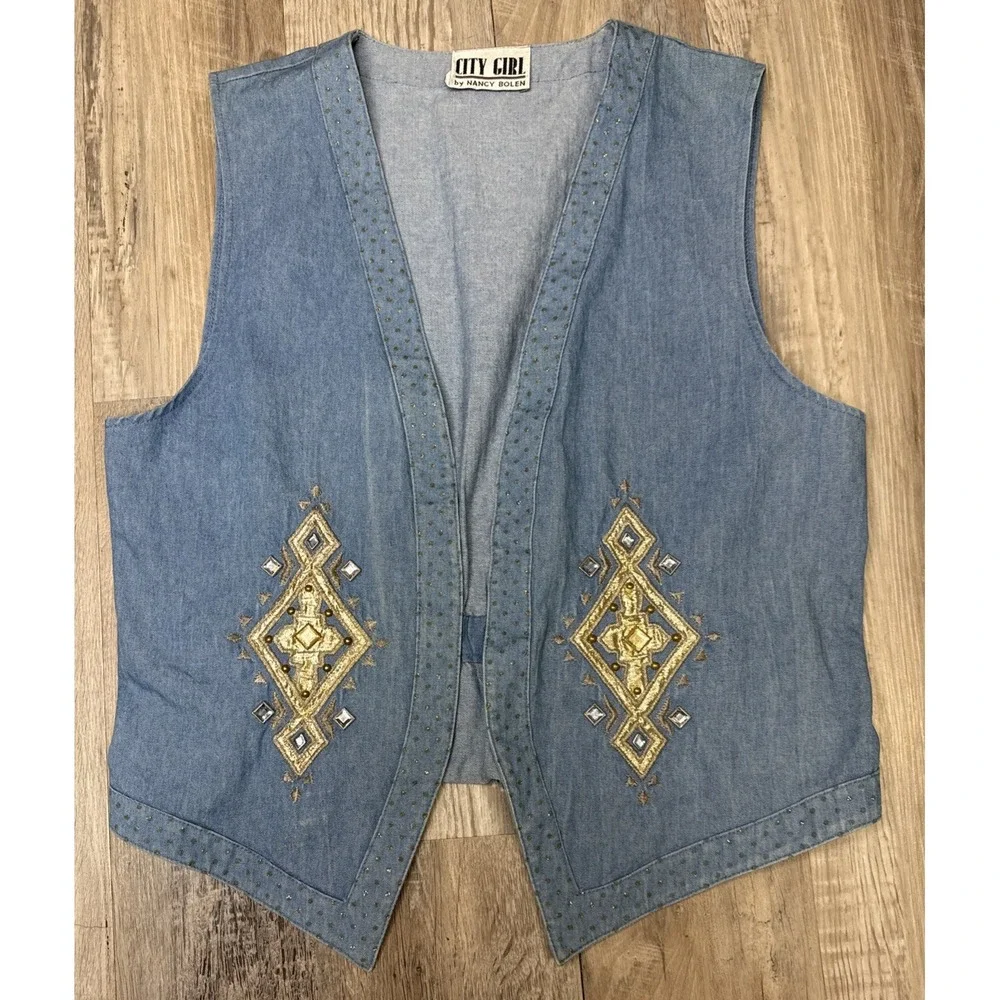 Vtg 2 Pc City Girl western Rockabilly Denim Pants Vest‎ Embellished Rhinestone M